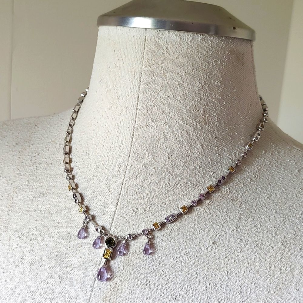 Sterling Silver 925 RP CZ Stones Crystal  Lavaliere Statement Necklace 18 1/2" - Picture 3 of 12